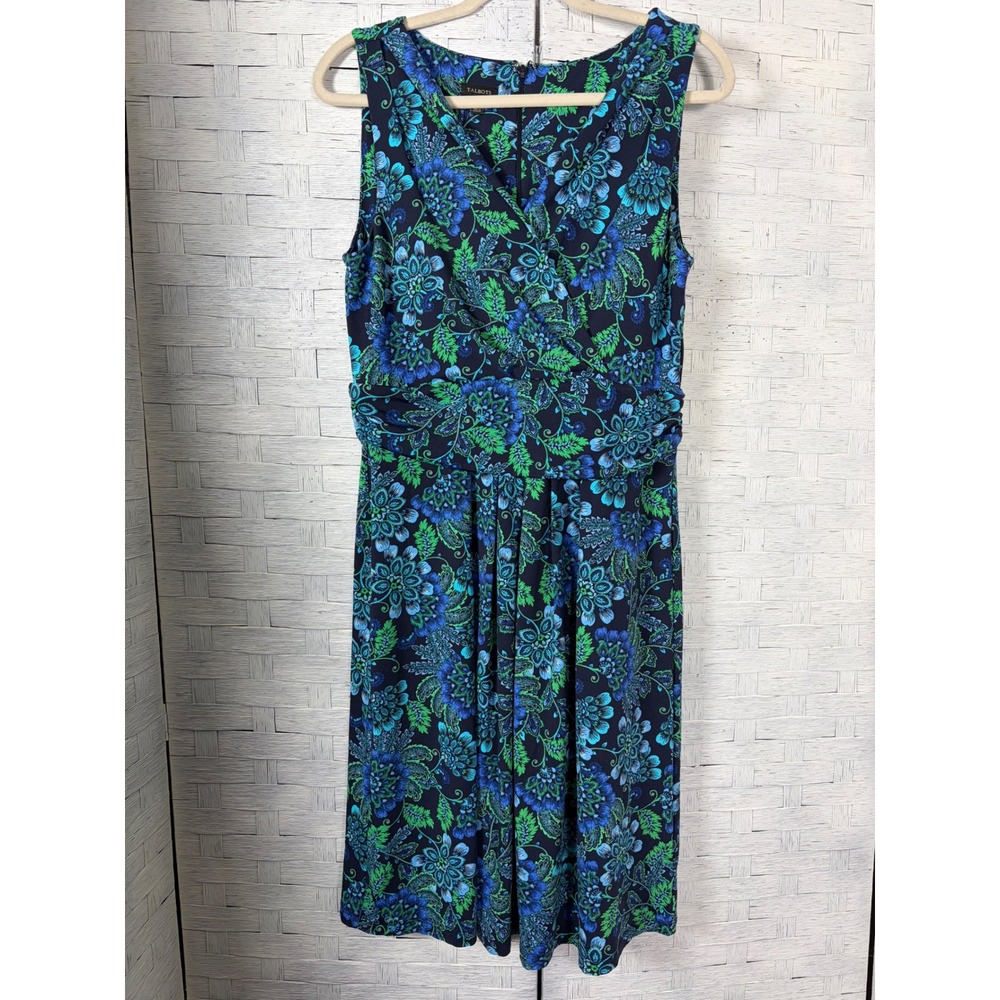 Talbots Women Dress Blue Green Floral Paisley Faux Wrap Sheath Sleeveless